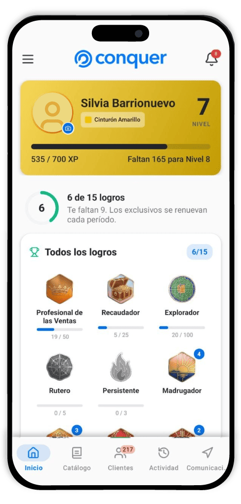 App KIRI mostrando el nivel, XP y logros de un vendedor