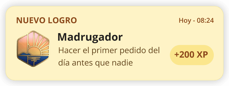 Notificación: nuevo logro Madrugador, hacer el primer pedido del día antes que nadie, +200 XP