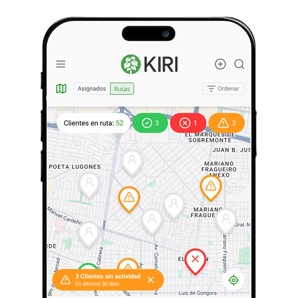 Pantalla de KIRI Ventas, app de fuerza de ventas en campo — alternativa avanzada a Nextbyn y Mobiliza Ventas