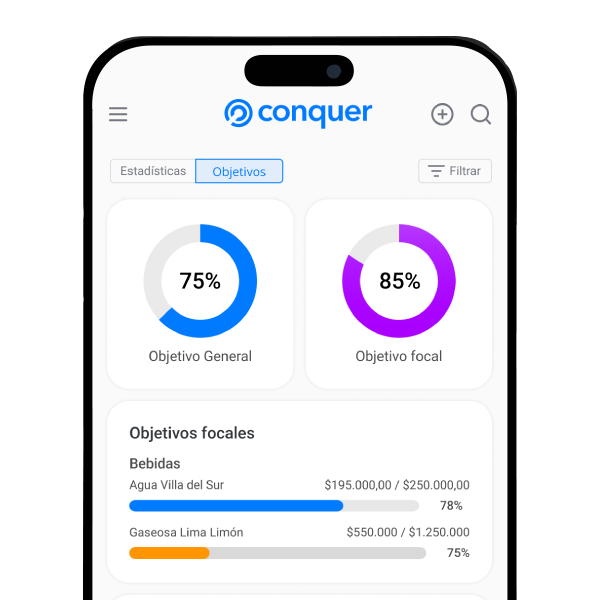 Pantalla de Conquer Ventas, app de fuerza de ventas en campo — alternativa avanzada a Nextbyn y Mobiliza Ventas